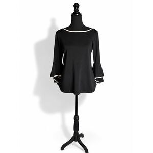 NY Collection Black Bell Sleeve Blouse White Trim Womens Size Large Chic